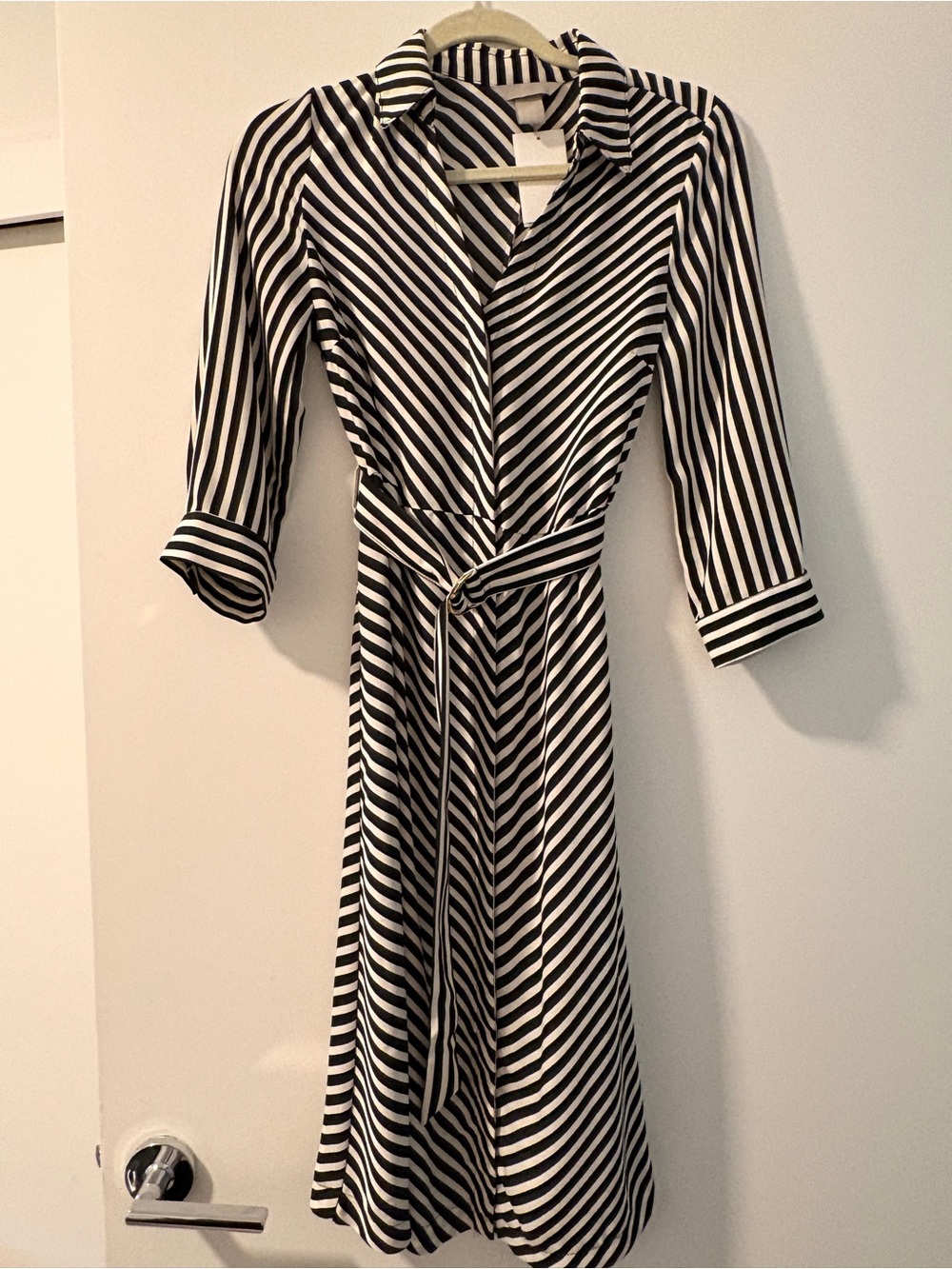 H&M Black and White Striped Long Sleeve Shirt Dress with Waist Tie